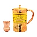 Taluka Pure Handmade Hammered Copper Jug for Water Drinking Brass Top Jug Pitcher Capacity 1500 ml with Pure Copper Round Bottom Hammered 300 ML Water Glass (Mathat Dholak Glass).