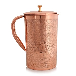 taluka with t logo taluka pure copper embossed water jug pitcher with brass knob 2000 ml water storage hotel home restaurant