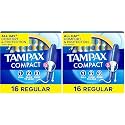 Tampax Pocket Pearl Tampons Regular Absorbency with LeakGuard Braid, Unscented, 16 Count (Pack of 2)