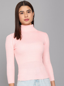 TANDUL Striped High Neck Casual Women Pink