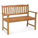 Tangkula Outdoor Acacia Wood Bench, 2-Person Garden Bench with Backrest and Armrests, Garden Bench with Slatted Seat for Porch, Park, Backyard, 800 Lbs Max Load, 43” L x 22” W x 34” H, Natural