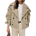 Tankaneo Womens Cropped Trench Double Breasted Short Jacket with Belt