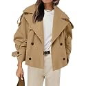 Tankaneo Womens Cropped Trench Double Breasted Short Jacket with Belt