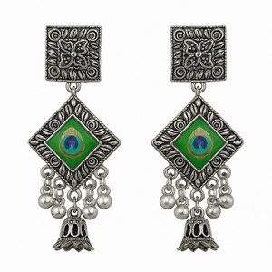 tanlooms silver oxidised peacock feather dangle earrings for women and girls alloy jhumki earring