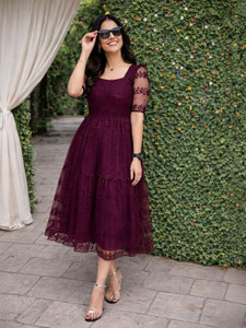 Tantukriti Women Fit and Flare Maroon Midi