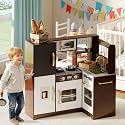 TaoHFE Brown Corner Play Kitchen with Lights,Kitchen Set for Kids Ages 4-8