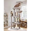 Taoqimiao MS042W Cat Tree,66-inch Large Cat Tower with Scratching Posts, Luxurious Large Platform for Big Cats with Soft Hammock, Adjustable Basket, Deluxe Cat Cando, Top Perch Light Gray