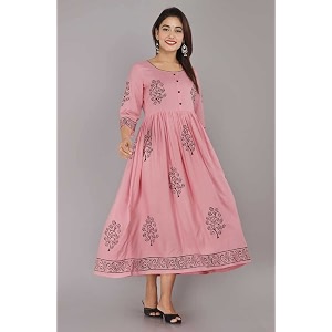 TARANJAL Womens Rayon Anarkali Hand Block Printed
