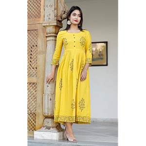 TARANJAL Womens Rayon Anarkali Hand Block Printed