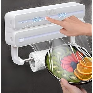 3 in 1 plastic wrap dispenser with cuttemagnetic aluminum foil and adhesive film organizerwall mount kitchen wrap organizercling wrap dispenser with paper towel holder and cuttergrey
