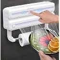 3 in 1 Plastic Wrap Dispenser with Cutte/Magnetic Aluminum Foil and Adhesive Film Organizer/Wall Mount Kitchen Wrap Organizer/Cling Wrap Dispenser with Paper Towel Holder and Cutter(White)