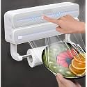 3 in 1 Plastic Wrap Dispenser with Cutte/Magnetic Aluminum Foil and Adhesive Film Organizer/Wall Mount Kitchen Wrap Organizer/Cling Wrap Dispenser with Paper Towel Holder and Cutter(Grey)