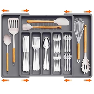 drawer organizer traykitchen expandable utensil trayadjustable utensil organizercutlery silverware flatware holderdivider for spoons forks knives tableware grey 1 pcs