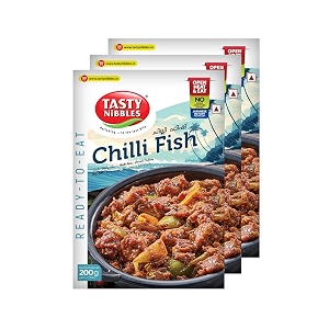 tasty nibbles ready to eat chilli fish 200gm pouch  open heat amp eat  non-vegetarian  no added preservatives  japanese retort technology pack of 3