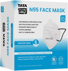 tata 1mg bis approved ffp2 n95 mask - head loop premium face mask 6 layers free size pack of 10
