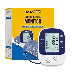 tata 1mg fully automatic blood pressure monitor for home  one touch operation  digital bp machine  99 set memory storage for 2 users  with travel pouch  power with usb cable or aa battery
