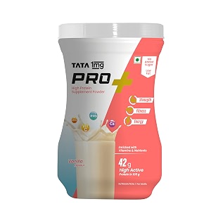 tata 1mg pro soy protein supplement powder- high protein for muscle amp bone strength overall fitness and energy with 23 essential nutrientslow fat amp no added sugarvanilla flavour