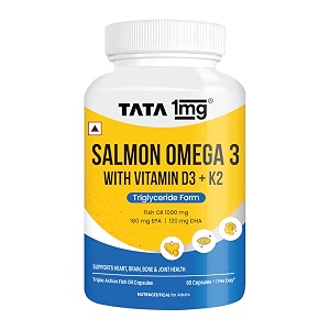 tata 1mg salmon omega 3 fish oil capsules with vitamin d3 amp k2-7  1000mg fish oil 180mg epa amp 120mg dha  triglyceride form  heart brain bone amp joint health  60 capsules