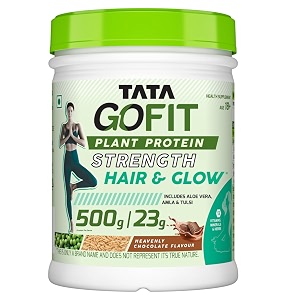 tata gofit plant protein strength hair amp glow pea amp brown rice blend 13 vitamins minerals amp herbs aloe vera amla amp tulsi heavenly chocolate flavour 500g 15 serves no soy no lactose