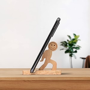 wooden mobile phone holder  unique smiling man design holds any size phone tablet amp ipad natural wooden finish