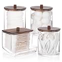 Tbestmax 4 Pack Qtips Dispenser Bathroom Container, 10/12 oz Big Cotton Ball Holder, Apothecary Jar Organizer for Storage Cotton Swab, Round Pads, Floss Picks (Wood Lids)