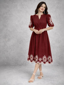 tckty Women Fit and Flare Maroon Midi