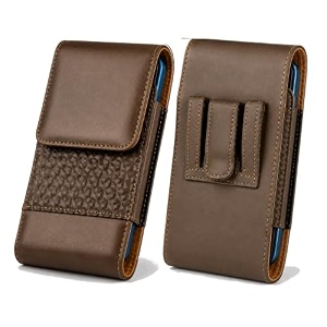 tdg vertical mobile belt pouch for men amp women  premium pu leather waist holster case with belt clip amp loop  fits smartphones up to 67 inch height  card pocket amp magnetic flip cover  dark brown