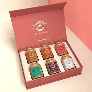 the tea heaven  tea gift  collection of 6 unique tea  kashmiri kahwa  masala chai  lavender tea  rose black tea  darjeeling tea  moroccan mint green tea  250 grams
