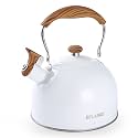 Tea Kettle, BELANKO 85 OZ / 2.5 Liter Whistling Tea Kettle, Tea Pots for Stove Top Food Grade Stainless Steel with Wood Pattern Folding Handle, Loud Whistle Kettle for Tea, Coffee, Milk - Gloss White