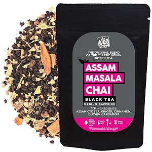 the tea trove assam black masala chai tea loose leaf 100 natural organic chai masala cinnamon cardamom clove and ginger for rich and flavorful hot chai latte or iced chi tea- 100 gm50 cups