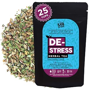 the tea trove destress herbal tea  organic anxiety relief and stress relief tea  tea herbal helping with anxiety control  steep as hot sleep tea or iced calming tea  caffeine free 50 gm 25 cups
