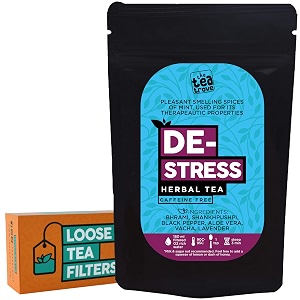 the tea trove destress herbal tea  supports relaxing and restful sleep  stress relief tea helping with anxiety  steep as hot bedtime sleep tea or iced calming tea  caffeine free 50 gm 25 cups
