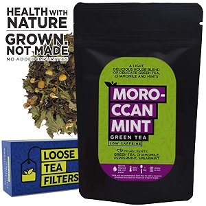 the tea trove - organic moroccan mint green tea with chamomile spearmint and peppermint and with loose tea filter for healthy bp digestion amp immunity 100 gm62 cups