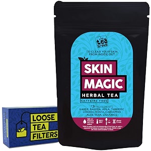 the tea trove skin magic herbal tea with loose tea filter  helps skin detox for rich clear glowing skin  steep as hot skin detox tea or iced antioxidant acne drink  caffeine free 50gms 25 cups 
