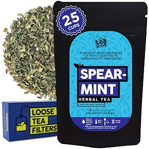 the tea trove spearmint tea loose leaf with loose tea filter help cure hormonal acne facial hair due to pcos  steep as hot spearmint herbal tea or iced pcos tea  caffeine free 25 gm 25 cups