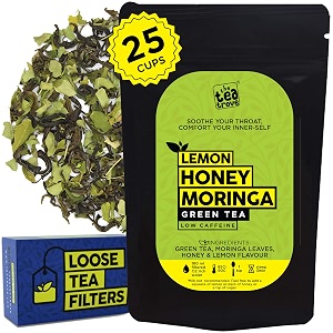 the tea trove superfood moringa green tea honey lemon for balanced blood sugar and digestion  steep as hot wellness tea or iced super green moringa tea  medium caffeine 100 grams 50 cups