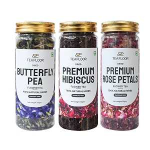 teafloor 3 in 1 combo- 110 cups - 105g  premium butterfly pea 30 gram premium hibiscus 50 gram soothing rose flower 25 gram  good for hair amp skin   caffeine free tea