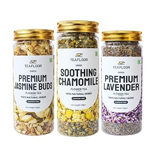 teafloor 3 in 1 combo -100 cups - 90g premium jasmine 20 gram premium lavender 35 gram soothing chamomile 35 gram  good for hair amp skin   caffeine free tealoose leaves