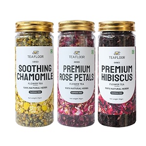 teafloor 3 in 1 combo- 110 cups - 105g  premium soothing chamomile 35 gram premium hibiscus 50 gram soothing rose 25 gram  good for hair amp skin  caffeine free tealoose leaves