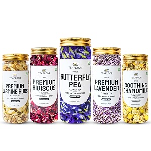 teafloor 5 in 1 combo -170 g 170 cups dried soothing chamomilepremium lavender hibiscus butterfly pea amp jasmine buds flower tea antioxidant-rich tea for increasing immunity in a profusion  no caffeine pack of 5