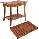 Teak Shower Bench Seat with Shower Mat, Spa Bathing Stool and Bath Mat