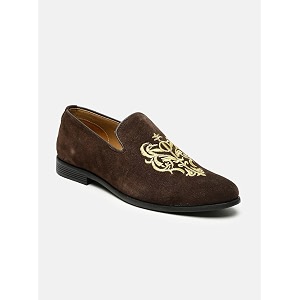 teakwood men leather brown self design mojaris