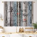 Teal Blue Farmhouse Rustic Kitchen Curtains Wooden Wood Small Short Cafe Window Curtains Vintage Fork Spoon RetroBathroom Living Room Bedroom Window Drapes Treatment 2 Panels (27.5x39 Inch)