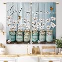 Teal Daisy Farmhouse Floral Kitchen Curtains Rustic Flower Small Short Cafe Window Curtains Country Wooden Barn Inspirational Bathroom Window Drapes Treatment Tier Curtains (27.5x39 Inch)