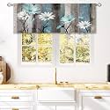Teal Farmhouse Daisy Curtain Valance for Window Treatments Wooden Flower Rod Pocket Kitchen Treatment Rustic Floral Butterfly Country Drapes for Bathroom Bedroom Living Room (52x18 Inch)