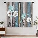 Teal Farmhouse Daisy Curtains, Wooden Flower Window Curtains 42x45 Inch for Bedroom Living Room Decor, Rustic Floral Butterfly Country Drapes Treatment Draperies Fabric Rod Pocket (2 Panels