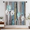 Teal Farmhouse Daisy Curtains, Wooden Flower Window Curtains 52x84 Inch for Bedroom Living Room Decor, Rustic Floral Butterfly Country Drapes Treatment Draperies Fabric Rod Pocket (2 Panels