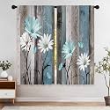 Teal Farmhouse Daisy Curtains, Wooden Flower Window Curtains 29x63 Inch for Bedroom Living Room Decor, Rustic Floral Butterfly Country Drapes Treatment Draperies Fabric Rod Pocket (2 Panels