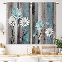 Teal Farmhouse Daisy Kitchen Curtains Wooden Flower Small Short Cafe Window Curtains Rustic Floral Butterfly Country Bathroom Drapes Treatment Tier Curtains 2 Panels (26x30 Inch)