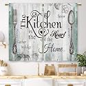 Teal Farmhouse Rustic Kitchen Curtains Wooden Wood Small Short Cafe Window Curtains Vintage Fork Spoon Retro Rod Pocket Bathroom Living Room Bedroom Drapes Treatment 2 Panels (27.5x39 Inch)